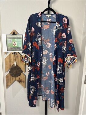 Misia Navy Floral Tassel Trim Kimono